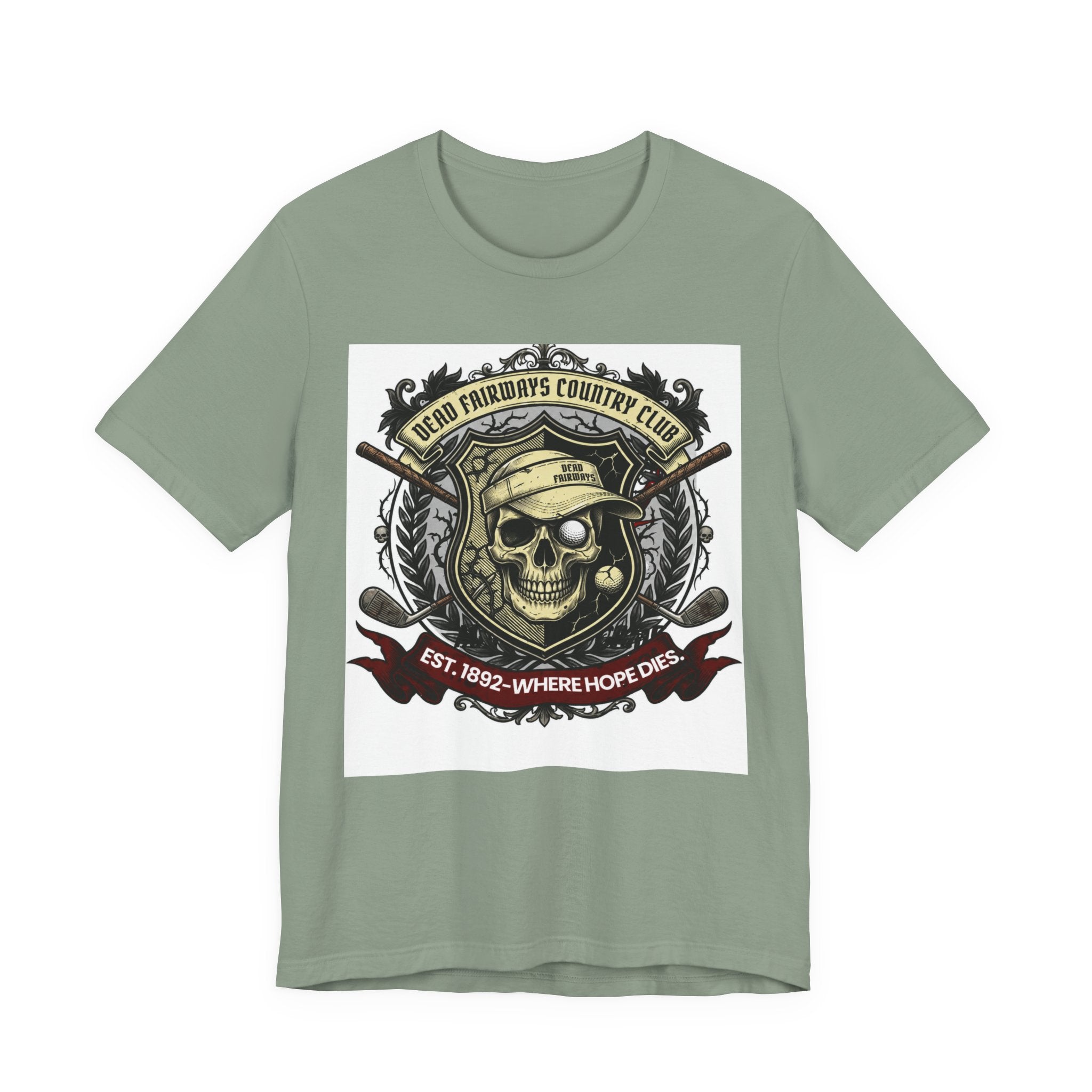 Skull & Crossed Golf Clubs Tee | "Leatherface's Country Club" Vintage Horror Golf Shirt | Wild Green Golf