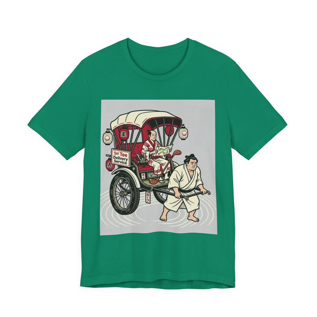 1st Tee Delivery Service Golf T-Shirt | Samurai Rickshaw Sumo Caddy | Golf Legend Series | Wild Green Golf