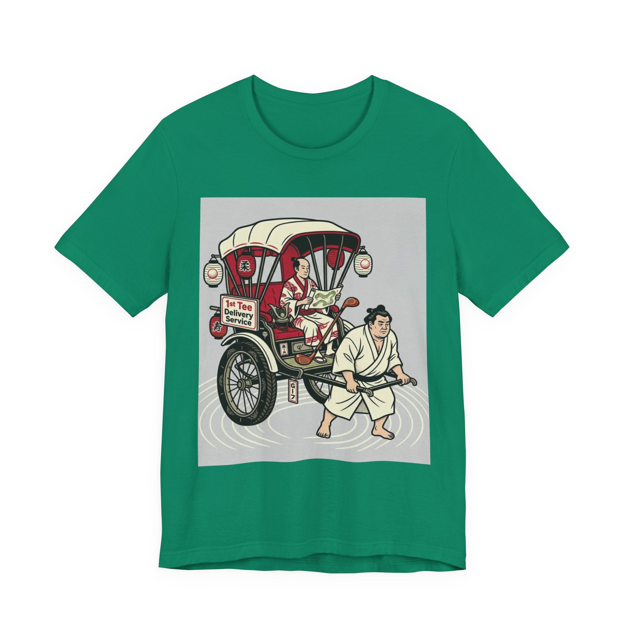 1st Tee Delivery Service Golf T-Shirt | Samurai Rickshaw Sumo Caddy | Golf Legend Series | Wild Green Golf