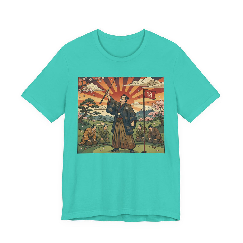 Samurai Birdie Celebration Golf T-Shirt | Japanese Woodblock Sunrise | Golf Legend Series | Wild Green Golf