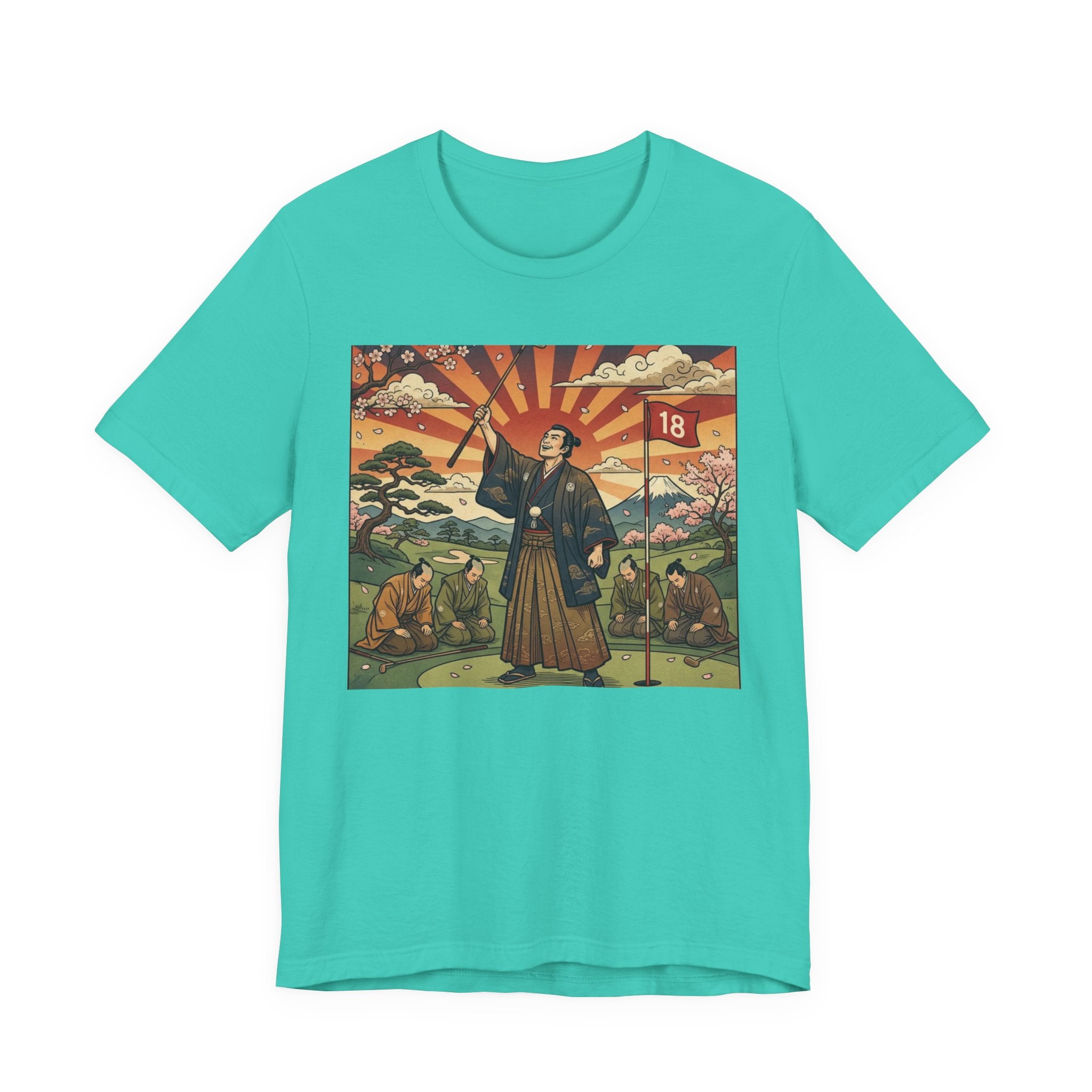 Samurai Birdie Celebration Golf T-Shirt | Japanese Woodblock Sunrise | Golf Legend Series | Wild Green Golf