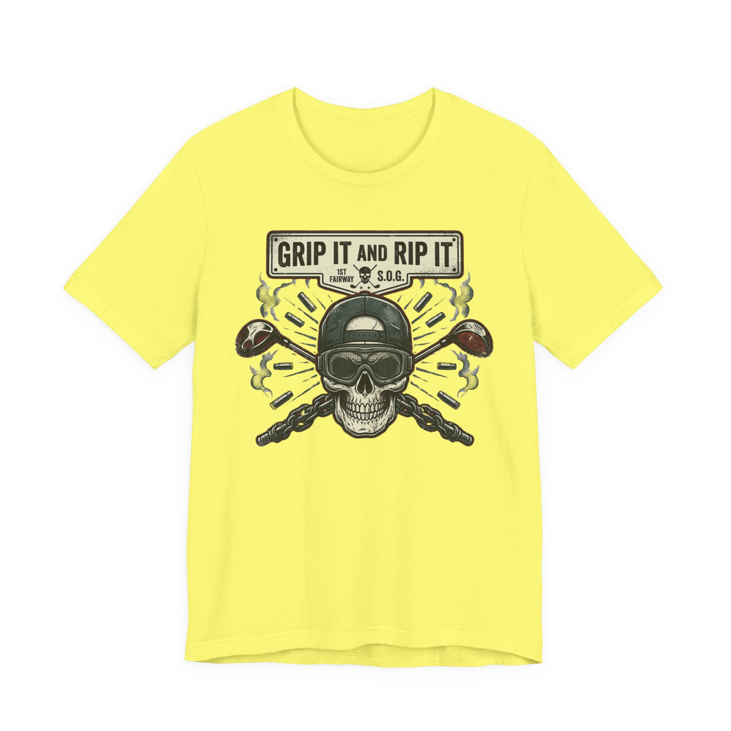 Grip It and Rip It Golf T-Shirt | Vintage Flame Skull Tee | Wild Green Golf