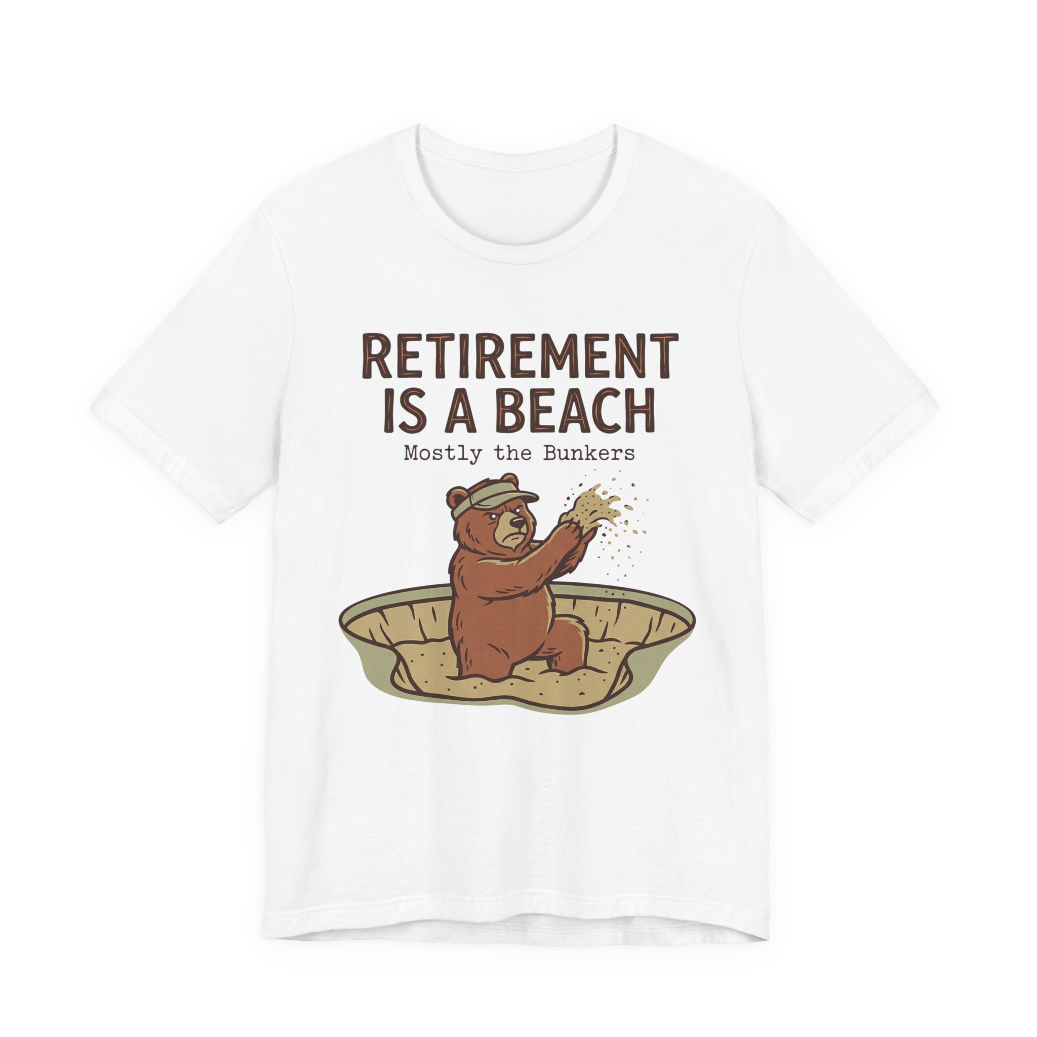 Retirement Is A Beach Golf T-Shirt | Mostly The Bunkers | Funny Retirement Golf Tee | Wild Green Golf