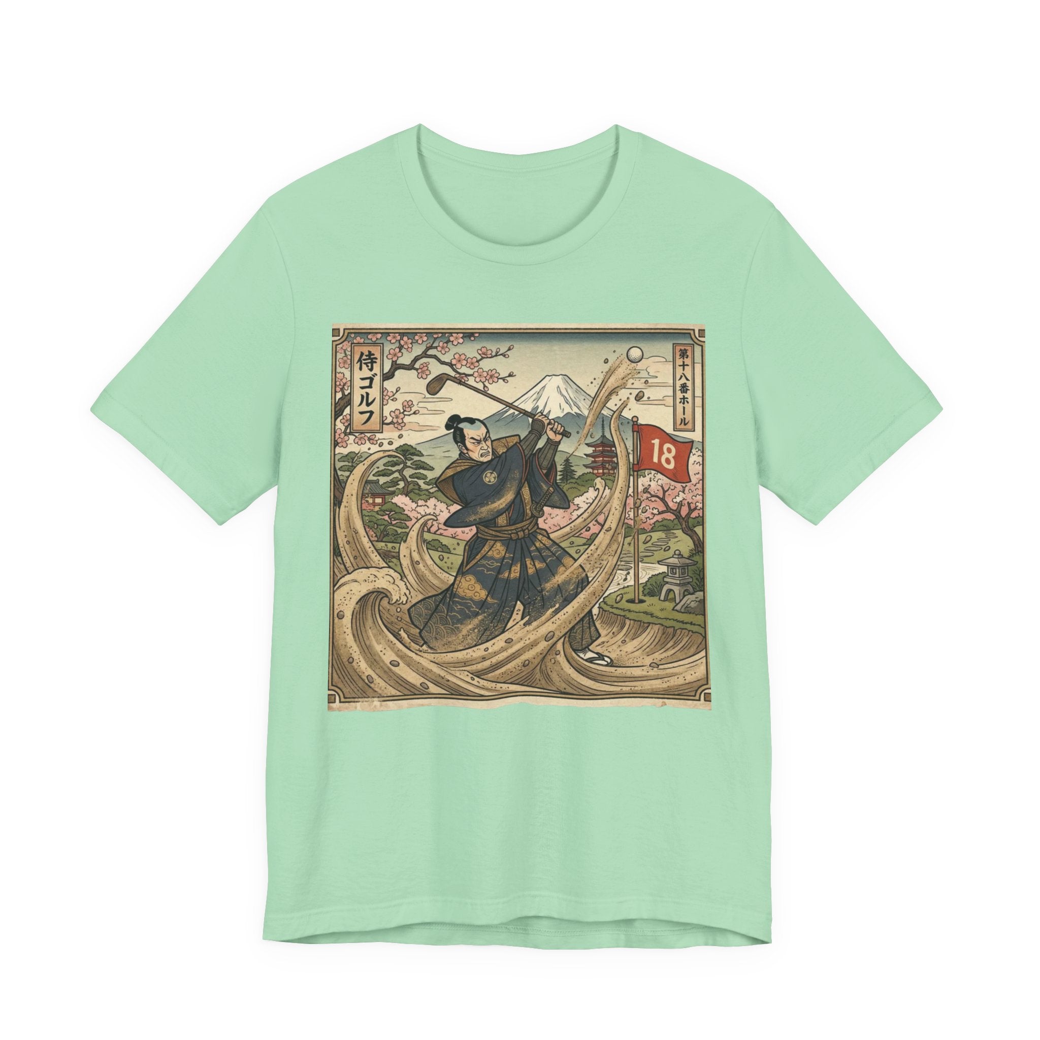 Samurai Bunker Shot Golf T-Shirt | Japanese Woodblock Sand Wave | Golf Legend Series | Wild Green Golf