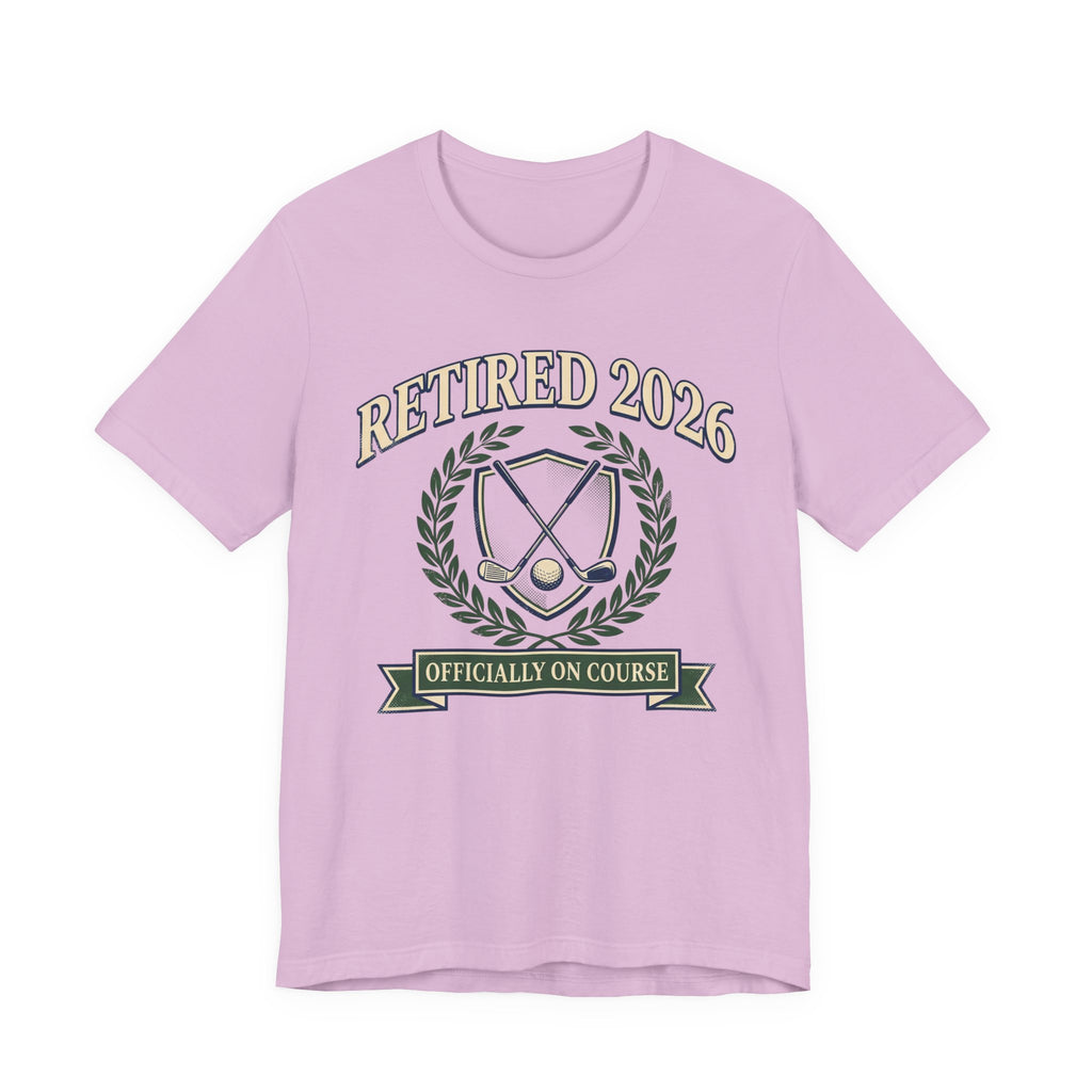 Retired 2026 Golf T-Shirt | Officially On Course | Classic Crest Retirement Tee | Wild Green Golf Rich text editor Description