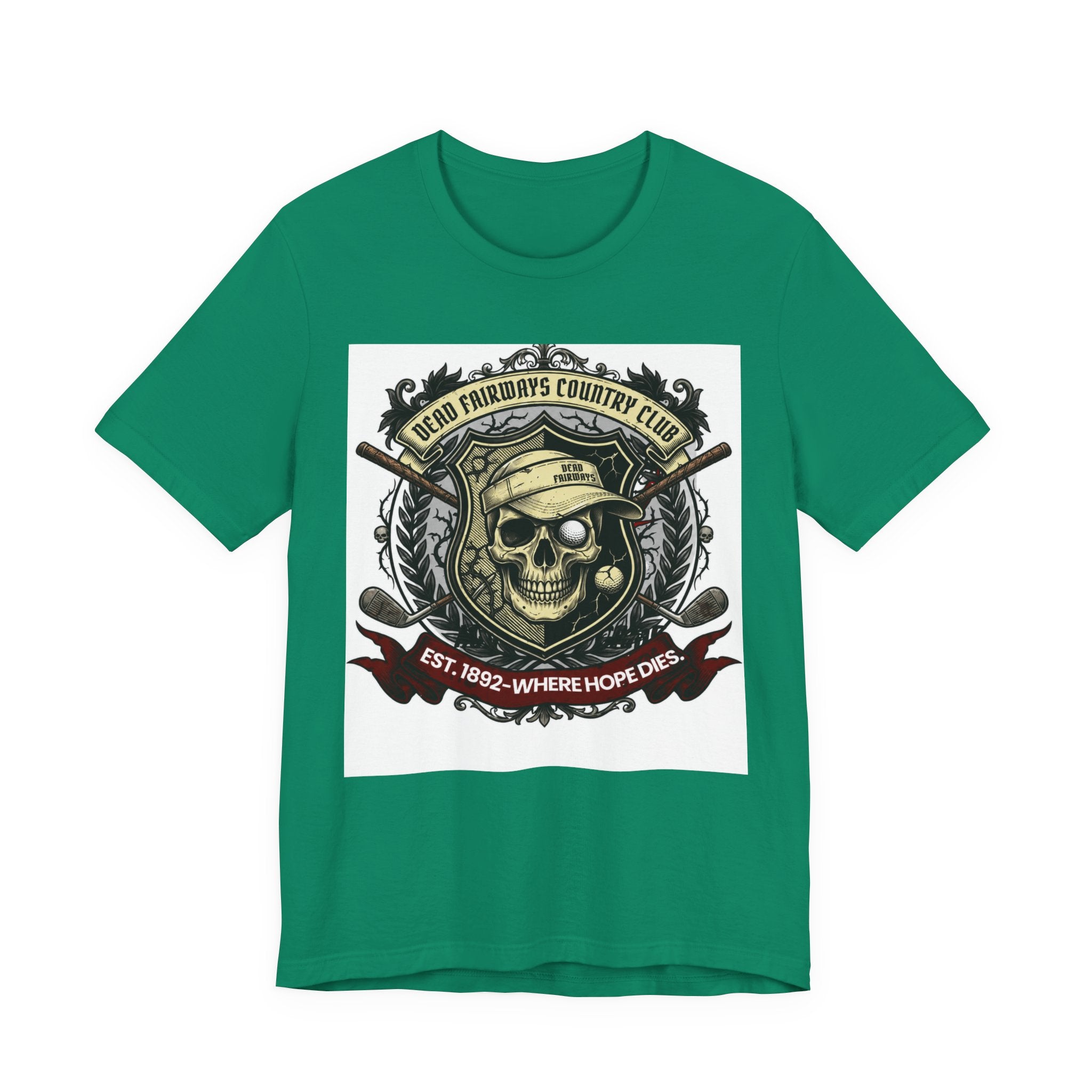 Skull & Crossed Golf Clubs Tee | "Leatherface's Country Club" Vintage Horror Golf Shirt | Wild Green Golf