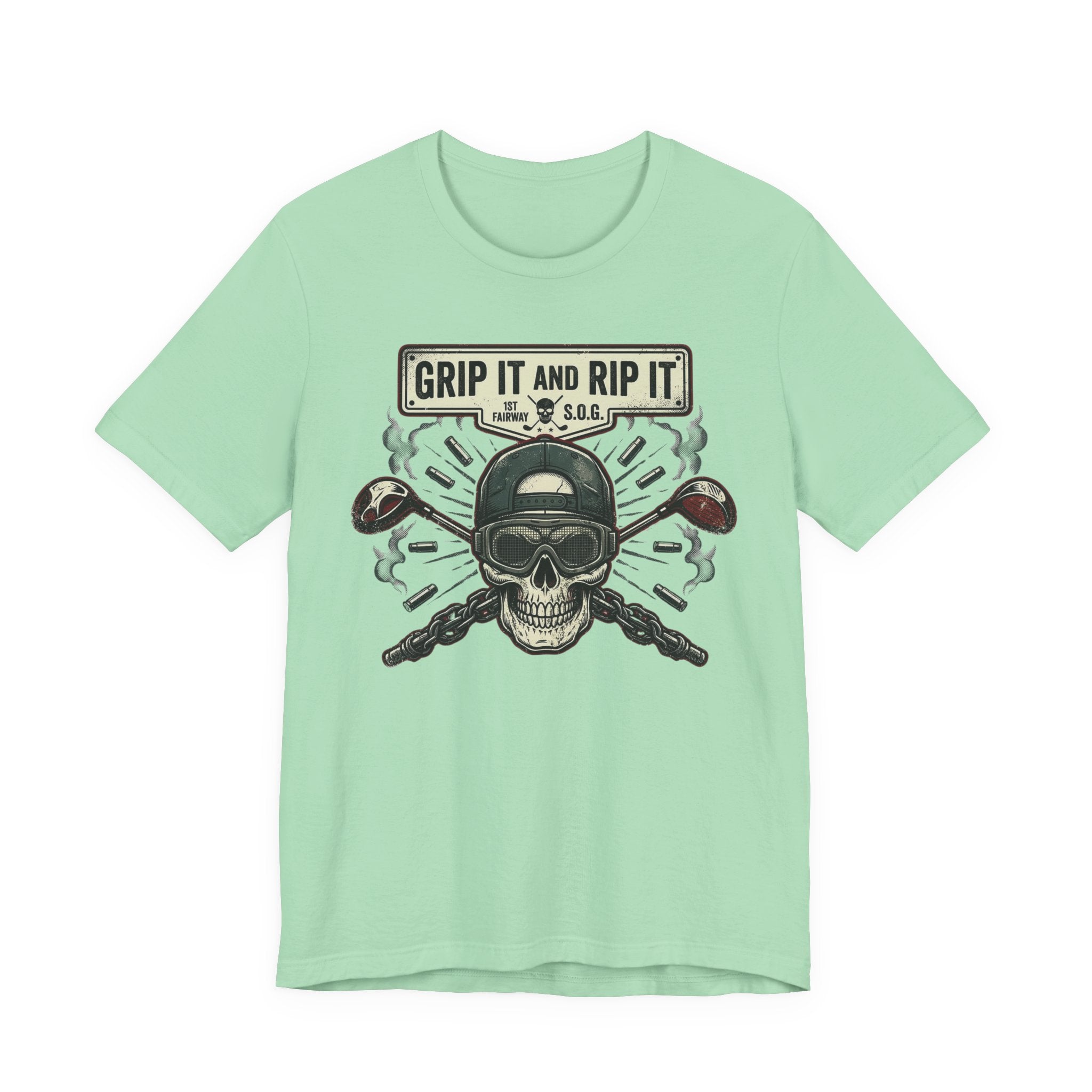 Grip It and Rip It Golf T-Shirt | Vintage Flame Skull Tee | Wild Green Golf