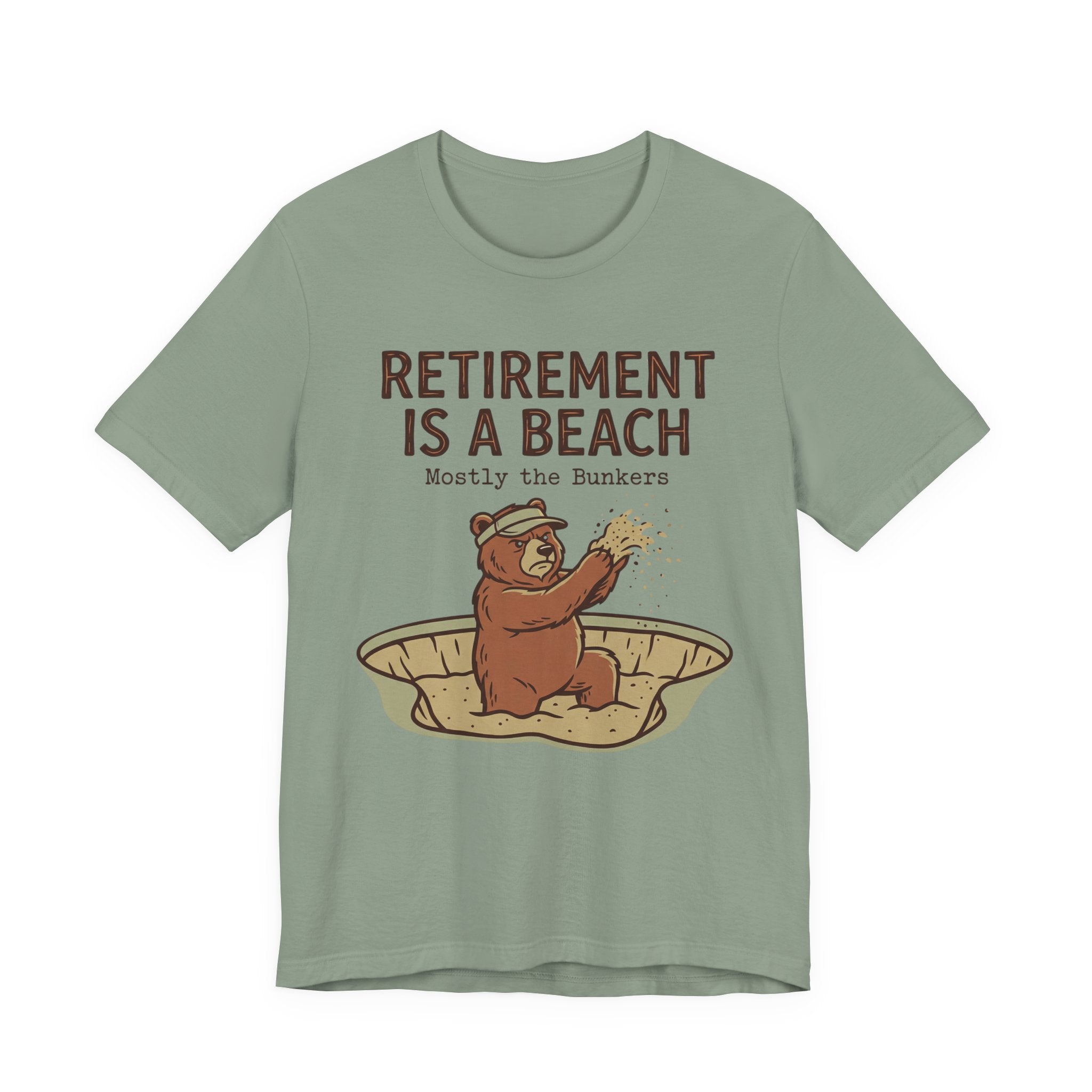 Retirement Is A Beach Golf T-Shirt | Mostly The Bunkers | Funny Retirement Golf Tee | Wild Green Golf