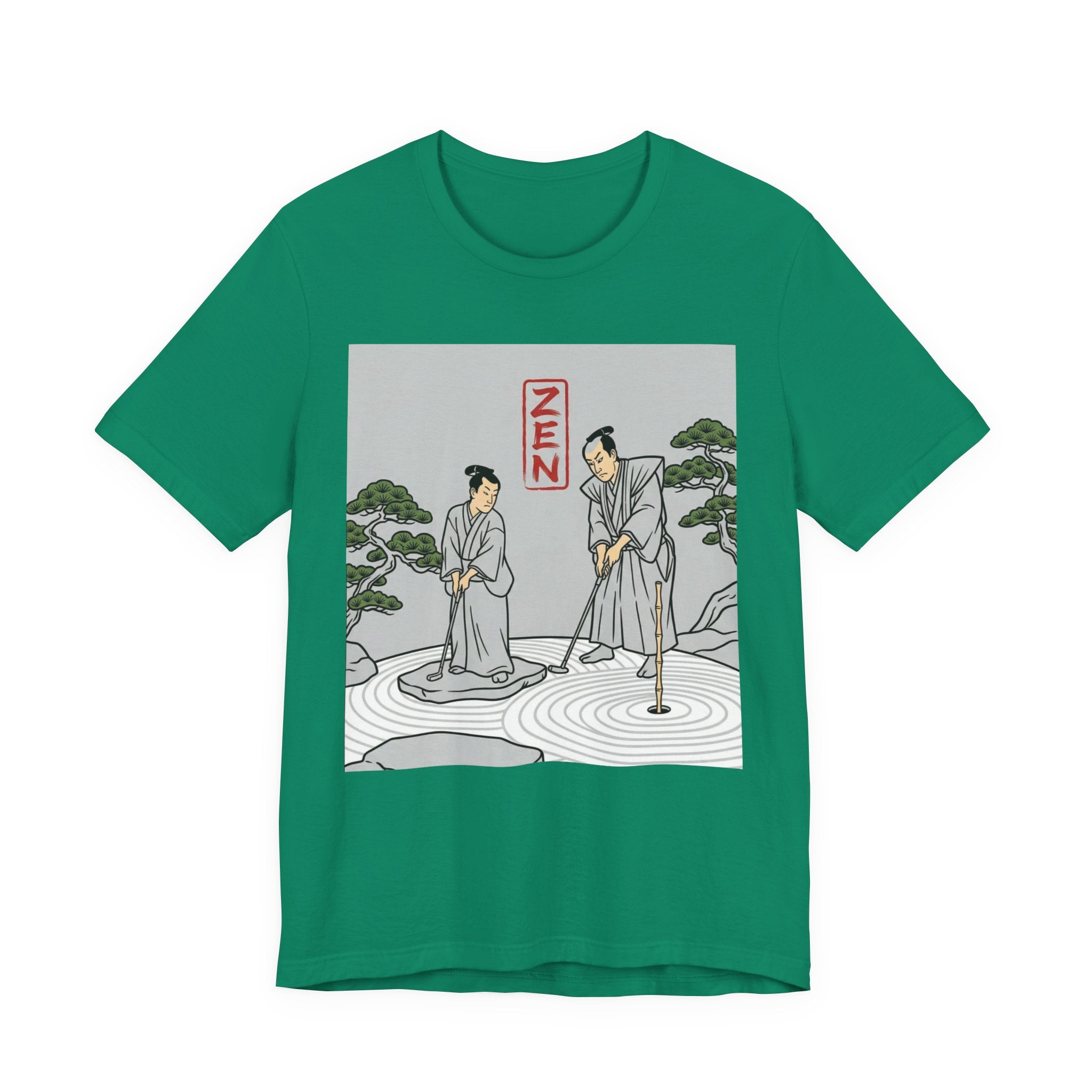 ZEN Golf T-Shirt | Two Samurai Putting Japanese Art Tee | Golf Legend Series | Wild Green Golf
