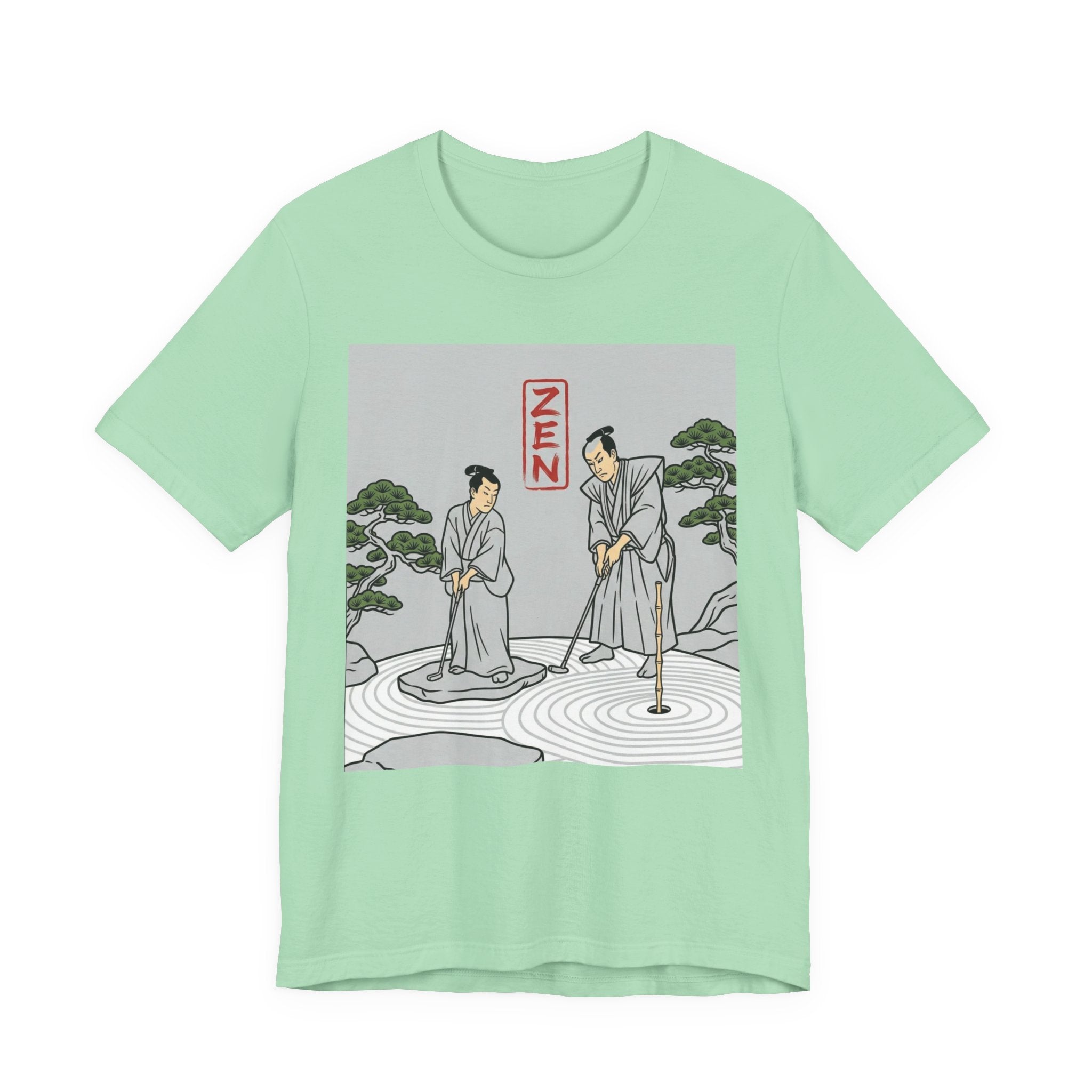 ZEN Golf T-Shirt | Two Samurai Putting Japanese Art Tee | Golf Legend Series | Wild Green Golf