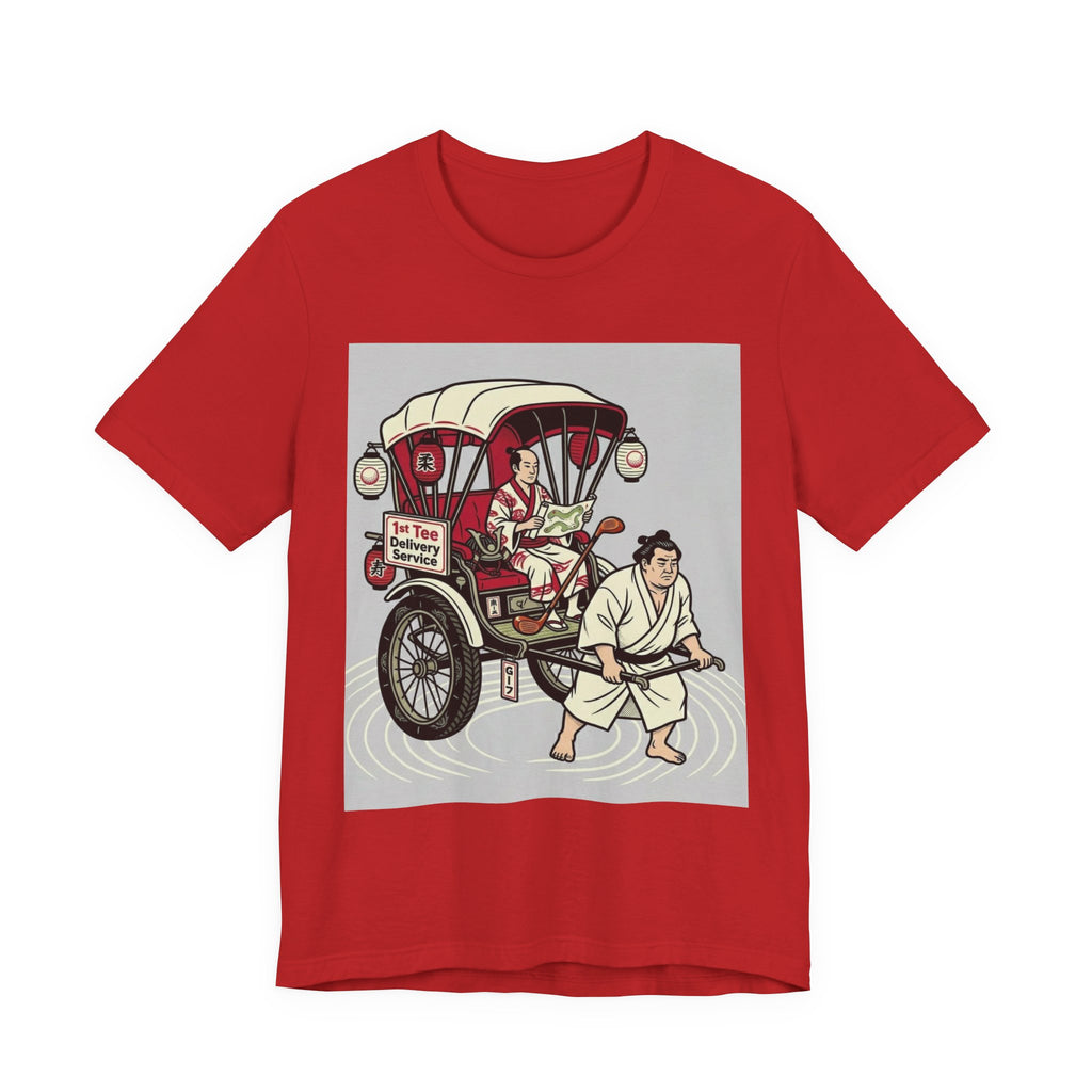 1st Tee Delivery Service Golf T-Shirt | Samurai Rickshaw Sumo Caddy | Golf Legend Series | Wild Green Golf