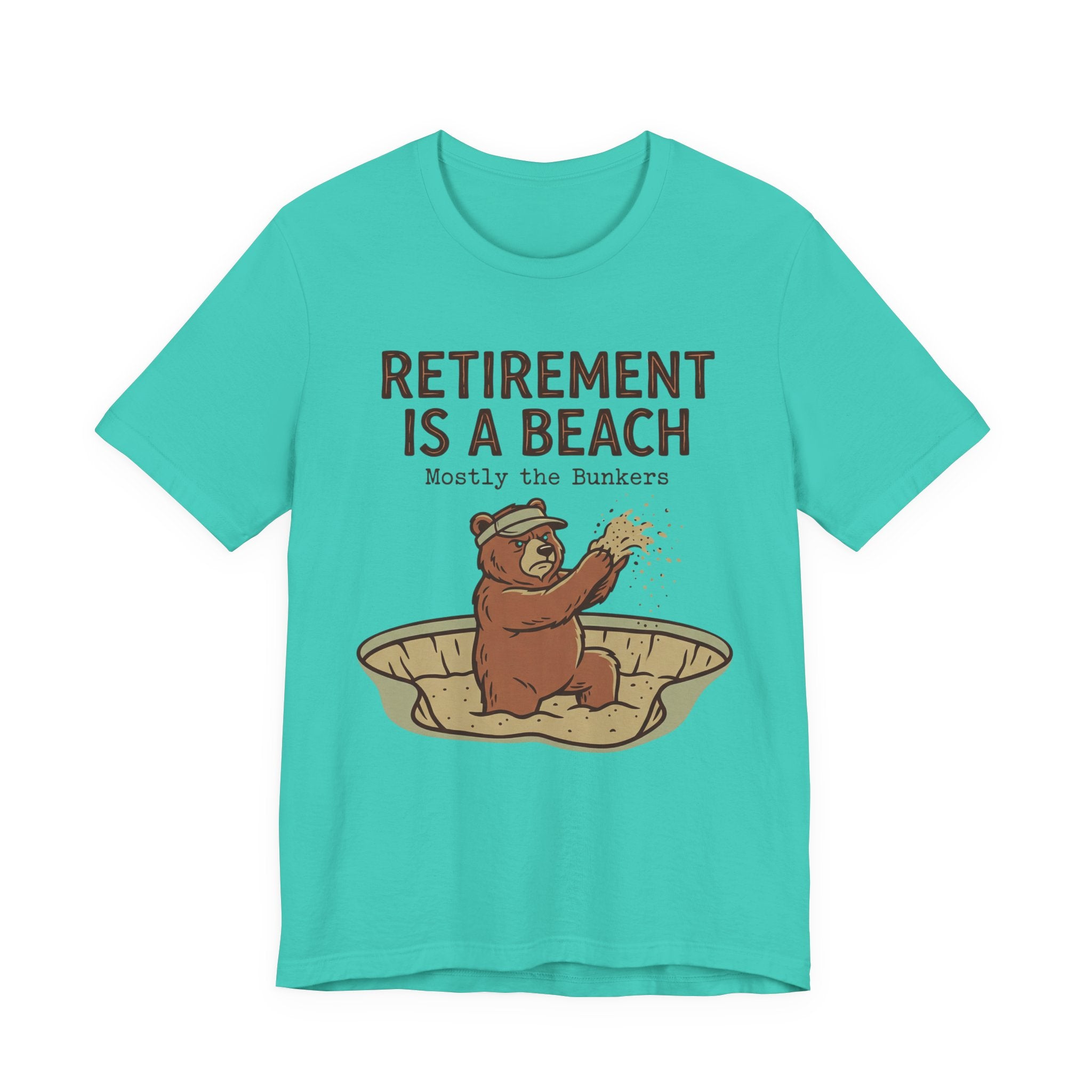 Retirement Is A Beach Golf T-Shirt | Mostly The Bunkers | Funny Retirement Golf Tee | Wild Green Golf