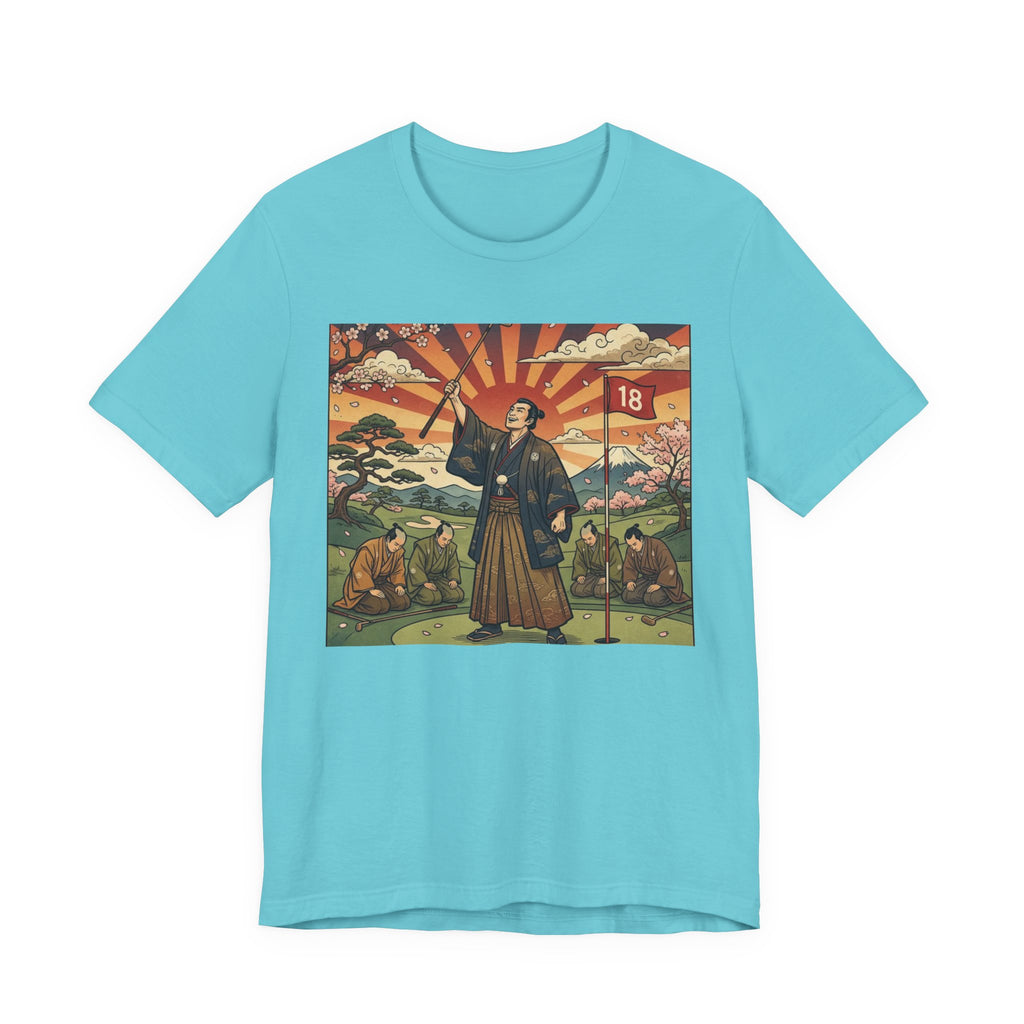 Samurai Birdie Celebration Golf T-Shirt | Japanese Woodblock Sunrise | Golf Legend Series | Wild Green Golf