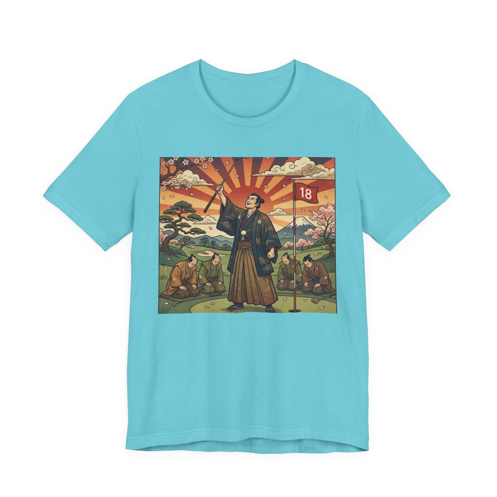 Samurai Birdie Celebration Golf T-Shirt | Japanese Woodblock Sunrise | Golf Legend Series | Wild Green Golf