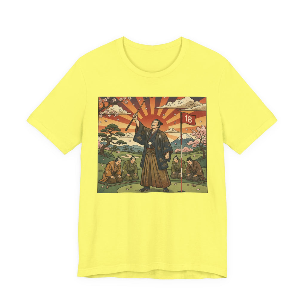 Samurai Birdie Celebration Golf T-Shirt | Japanese Woodblock Sunrise | Golf Legend Series | Wild Green Golf