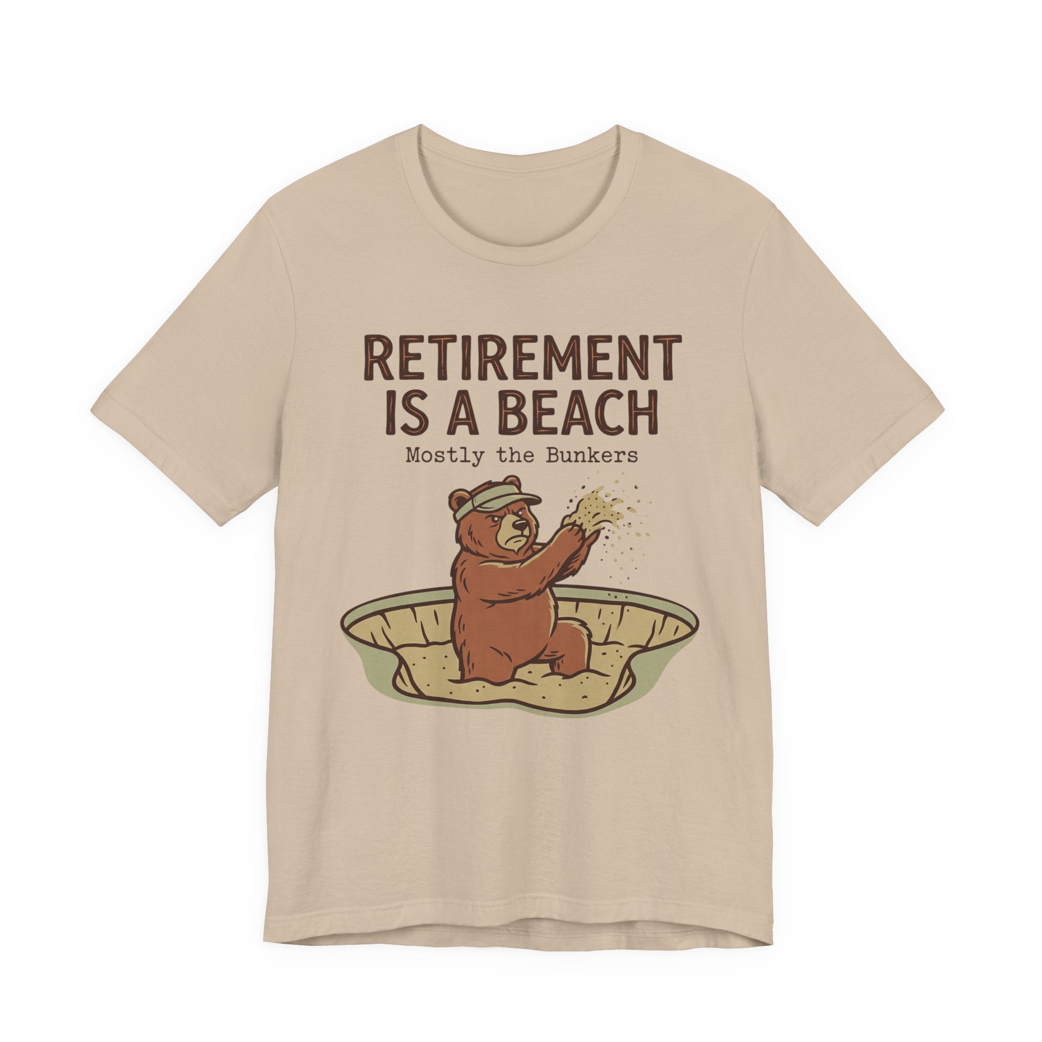 Retirement Is A Beach Golf T-Shirt | Mostly The Bunkers | Funny Retirement Golf Tee | Wild Green Golf