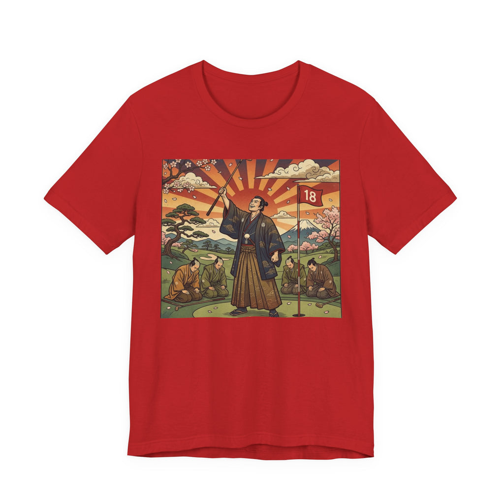 Samurai Birdie Celebration Golf T-Shirt | Japanese Woodblock Sunrise | Golf Legend Series | Wild Green Golf