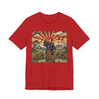 Samurai Birdie Celebration Golf T-Shirt | Japanese Woodblock Sunrise | Golf Legend Series | Wild Green Golf