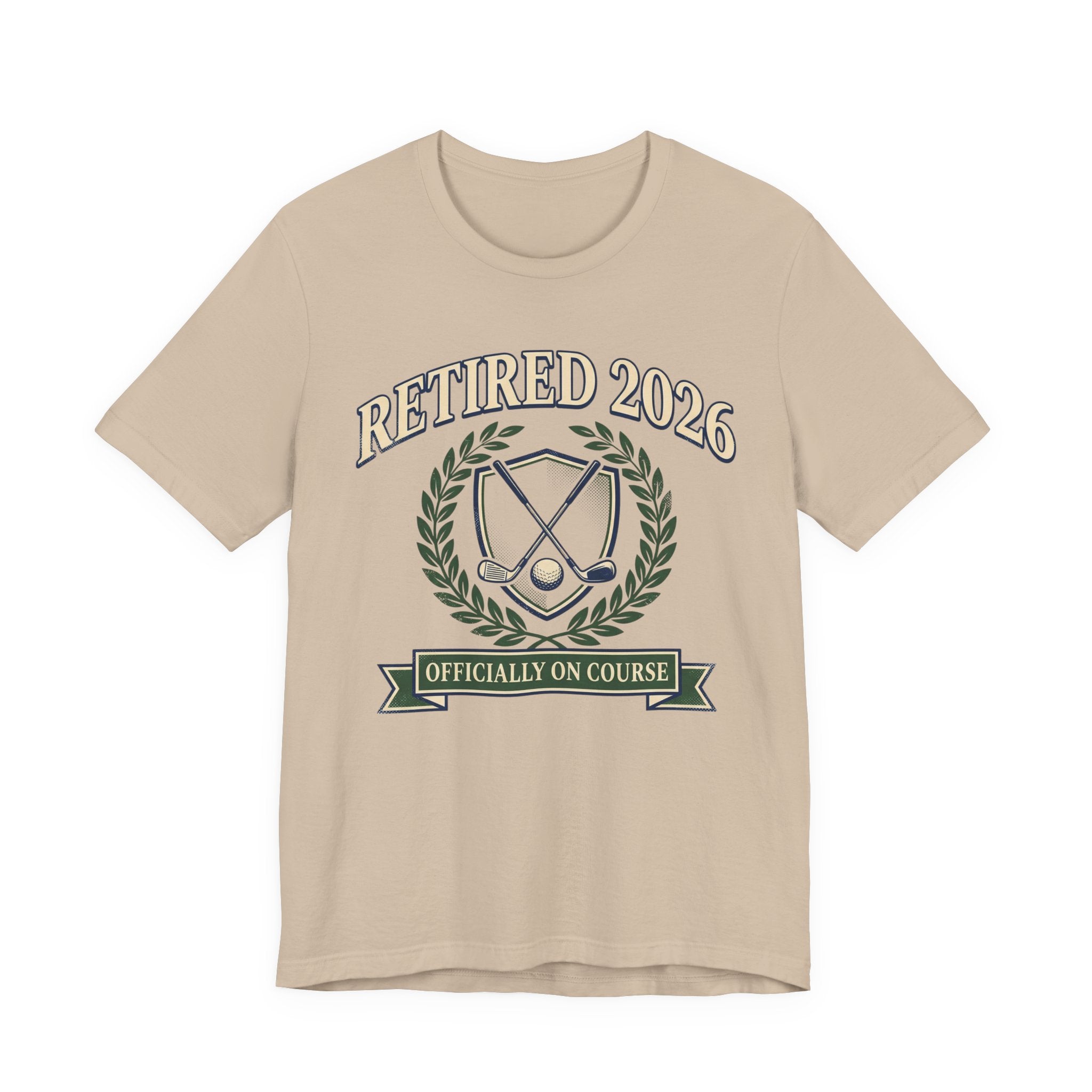 Retired 2026 Golf T-Shirt | Officially On Course | Classic Crest Retirement Tee | Wild Green Golf Rich text editor Description