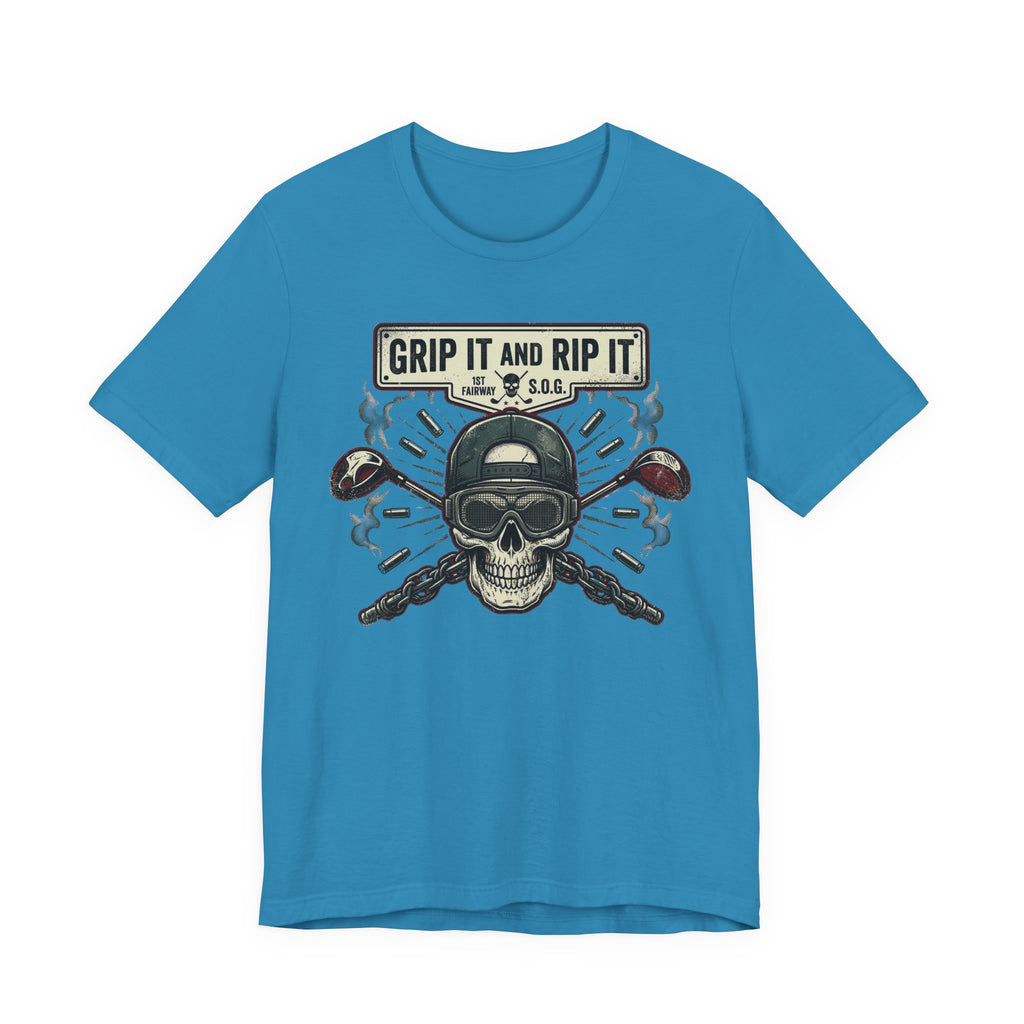Grip It and Rip It Golf T-Shirt | Vintage Flame Skull Tee | Wild Green Golf