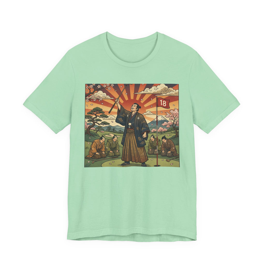 Samurai Birdie Celebration Golf T-Shirt | Japanese Woodblock Sunrise | Golf Legend Series | Wild Green Golf