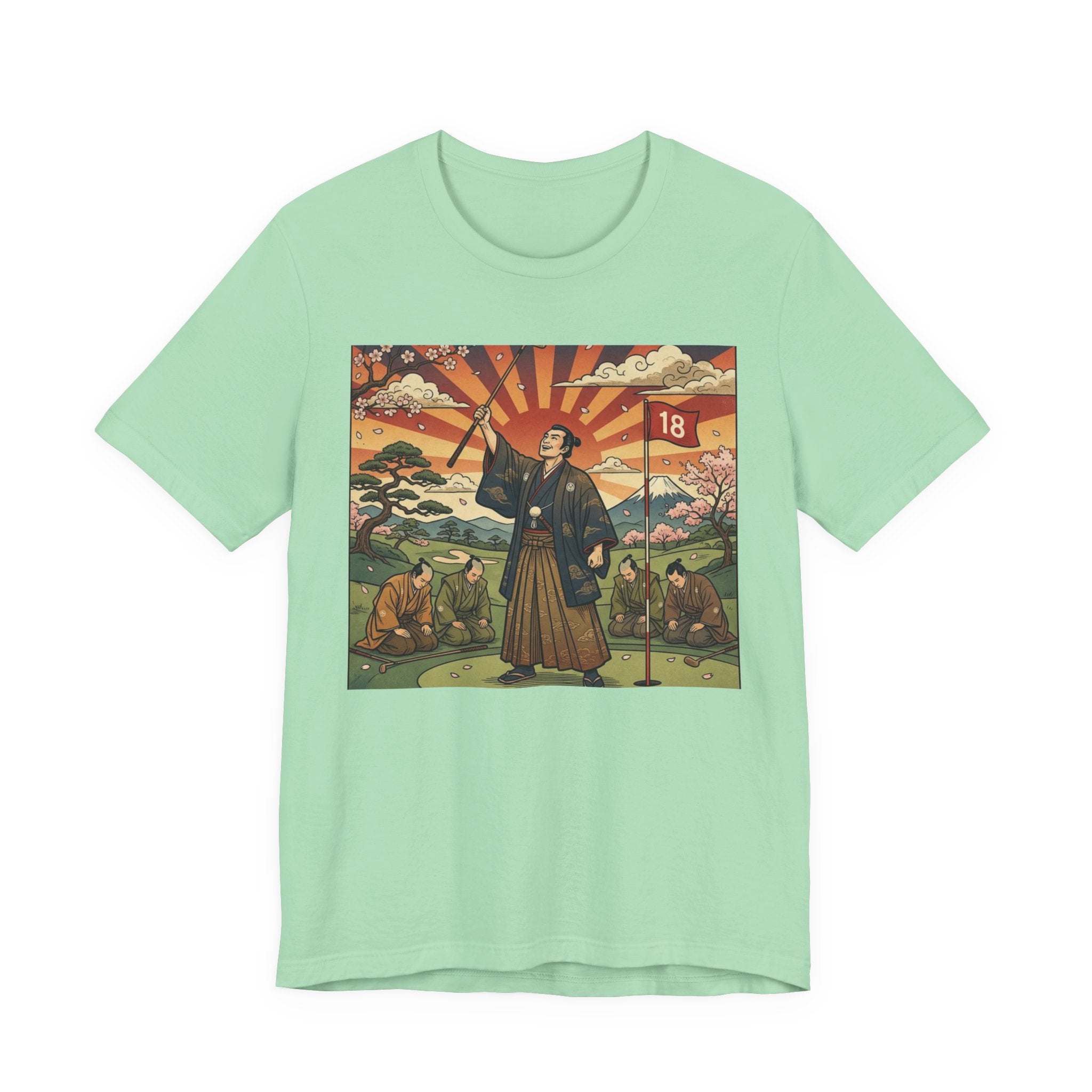 Samurai Birdie Celebration Golf T-Shirt | Japanese Woodblock Sunrise | Golf Legend Series | Wild Green Golf