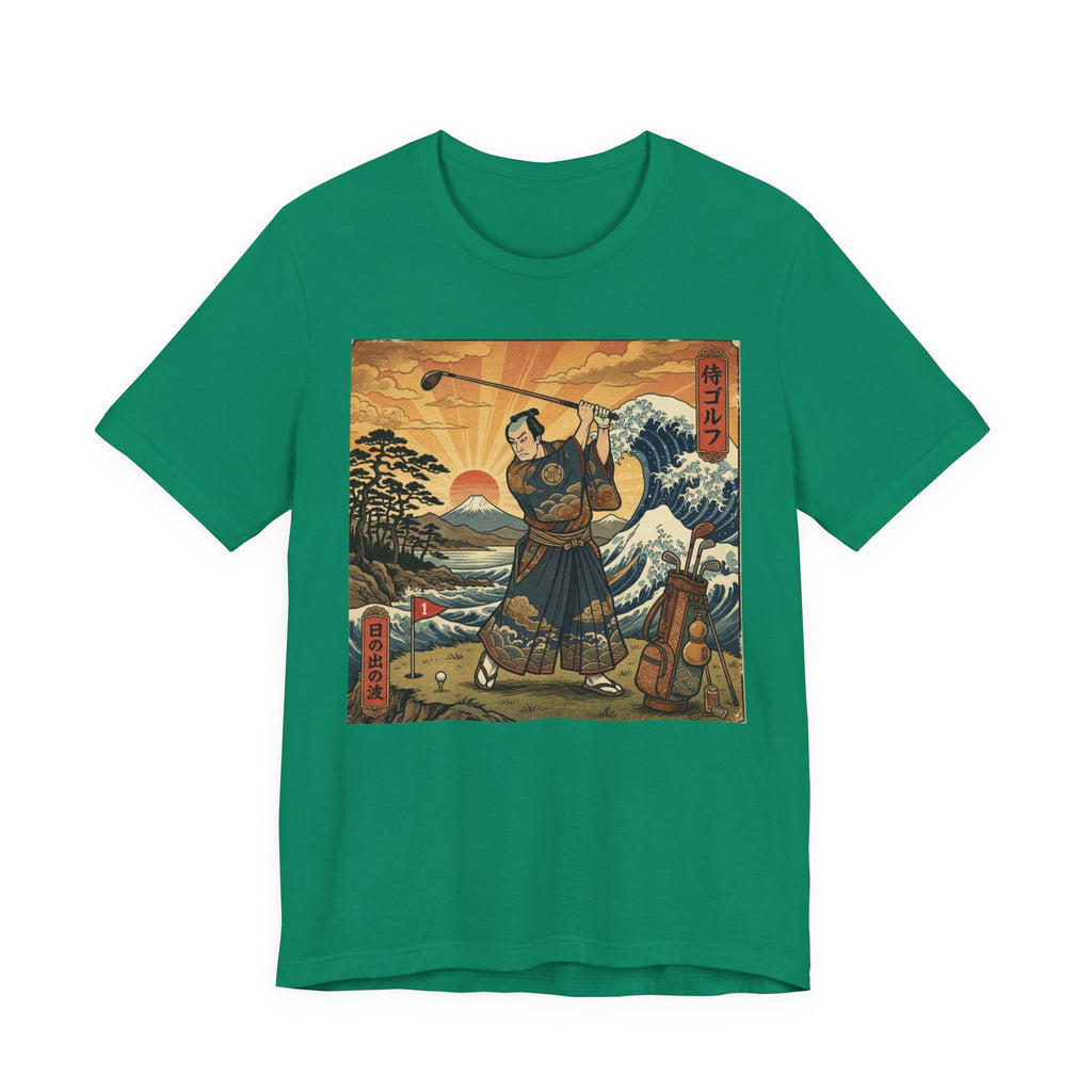 Samurai Tee Shot at Dawn Golf T-Shirt | Japanese Woodblock Great Wave | Golf Legend Series | Wild Green Golf