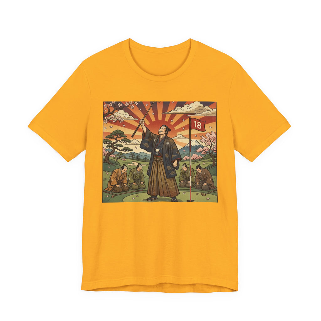 Samurai Birdie Celebration Golf T-Shirt | Japanese Woodblock Sunrise | Golf Legend Series | Wild Green Golf
