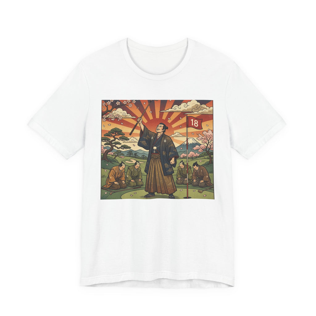 Samurai Birdie Celebration Golf T-Shirt | Japanese Woodblock Sunrise | Golf Legend Series | Wild Green Golf