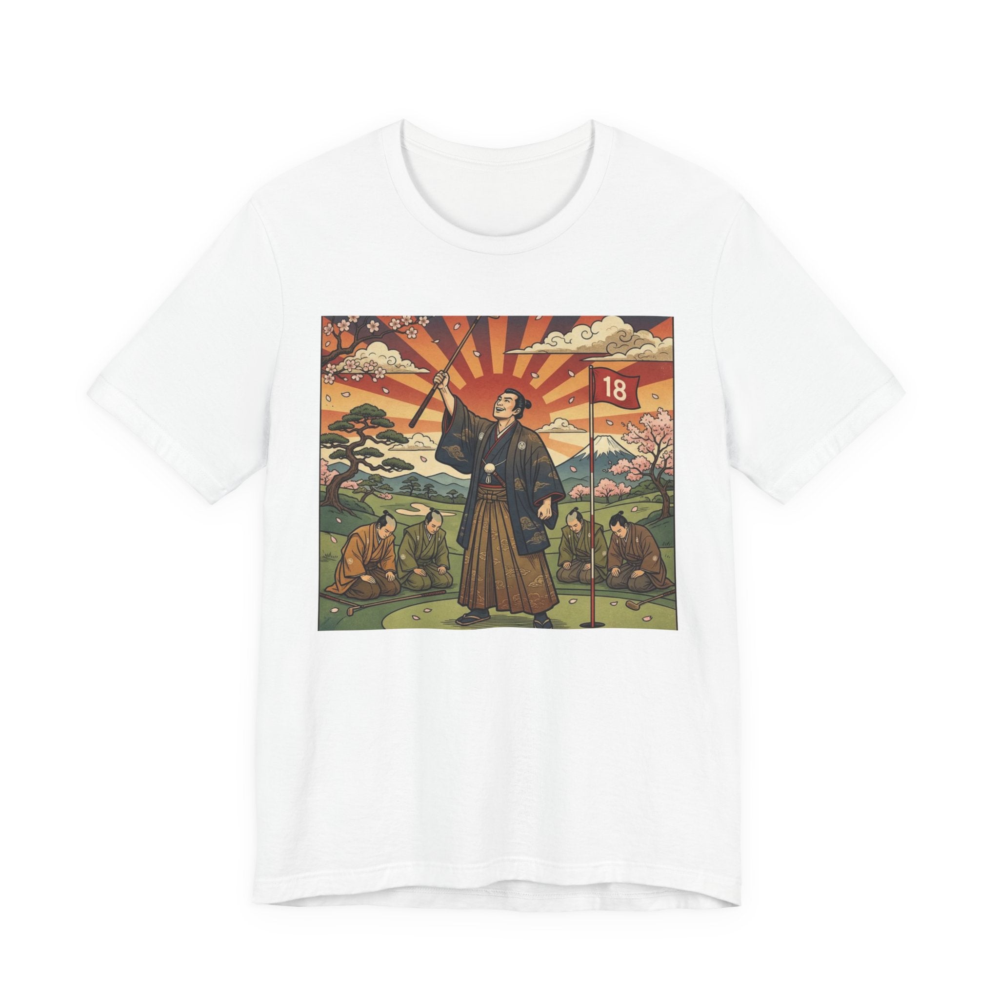 Samurai Birdie Celebration Golf T-Shirt | Japanese Woodblock Sunrise | Golf Legend Series | Wild Green Golf