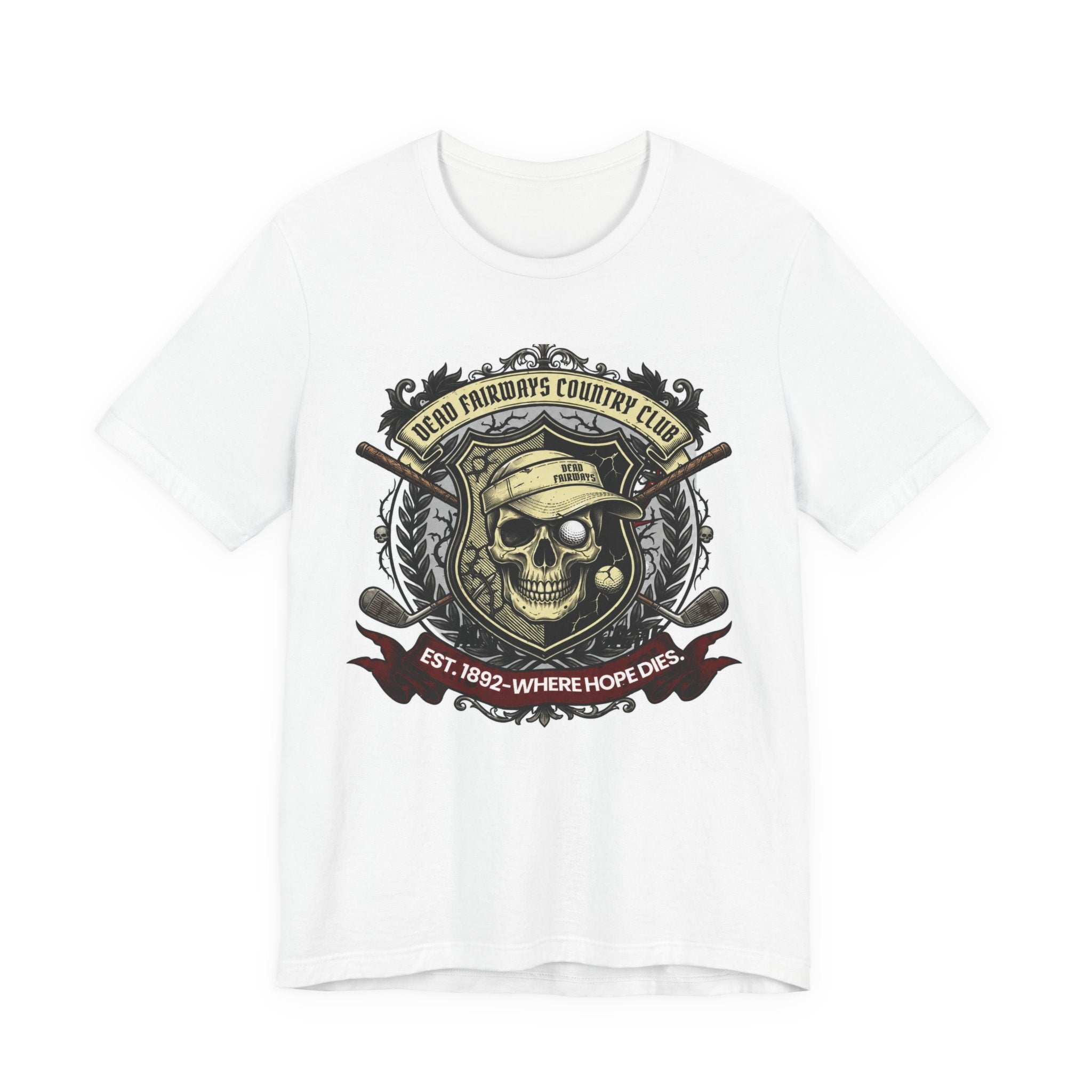 Skull & Crossed Golf Clubs Tee | "Leatherface's Country Club" Vintage Horror Golf Shirt | Wild Green Golf