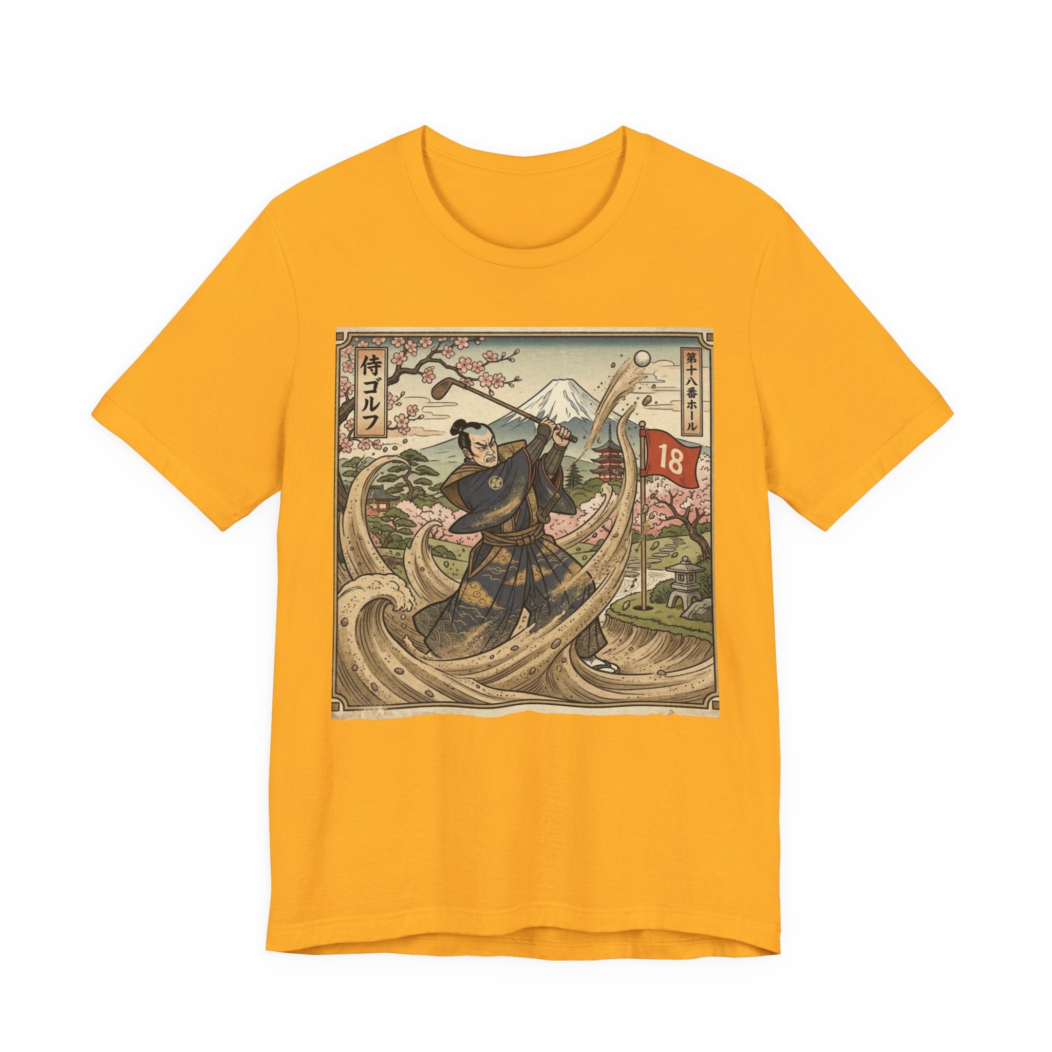 Samurai Bunker Shot Golf T-Shirt | Japanese Woodblock Sand Wave | Golf Legend Series | Wild Green Golf