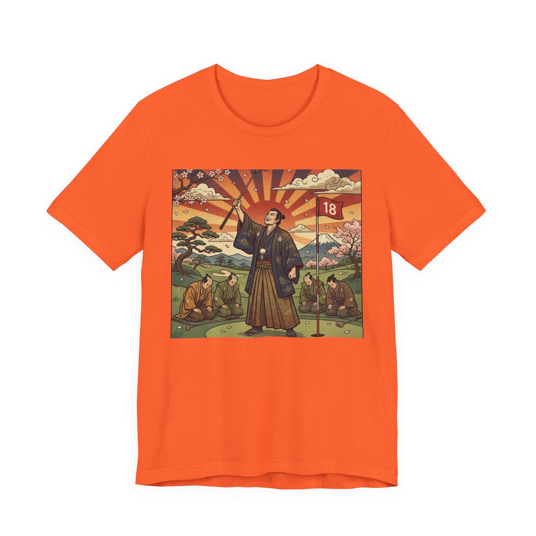 Samurai Birdie Celebration Golf T-Shirt | Japanese Woodblock Sunrise | Golf Legend Series | Wild Green Golf
